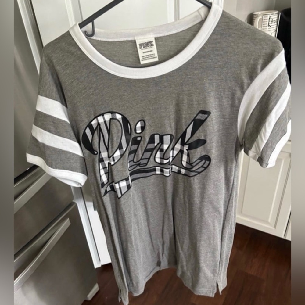 VS PINK Ringer Tee Gray With Black And White Plaid Logo Small